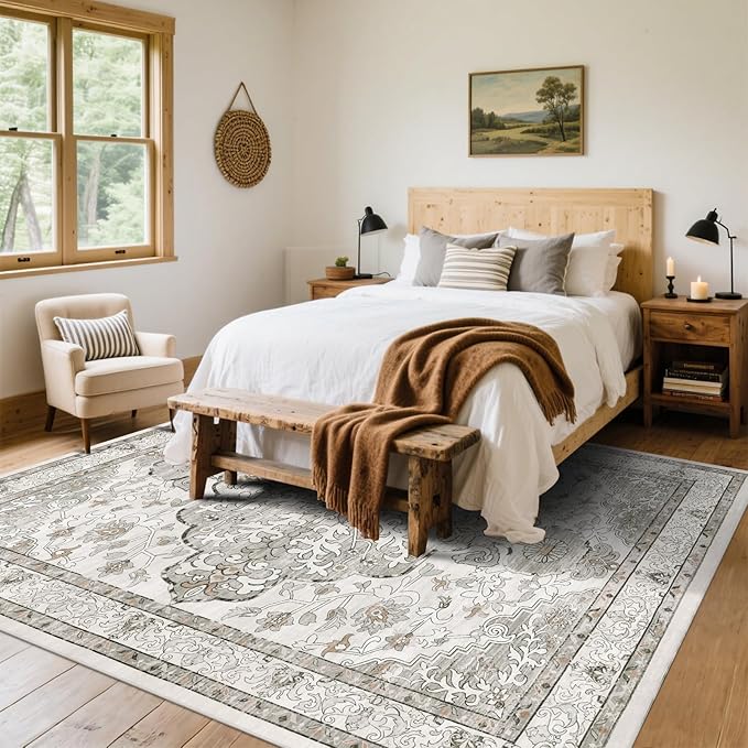 U'Artlines Boho Vintage Area Rug 8x10 Machine Washable Low Pile Soft Floor Carpet Non Slip Non Shedding Accent Rug for Living Room Bedroom Entryway Dining Room Office Grey Taupe