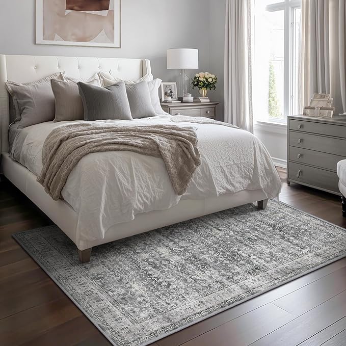 Grey 5x7 Area Rugs for Living Room Bedroom, Washable Non Slip Low Pile Thin Soft Carpet Rugs for Dining Room/Kitchen/Home Office/Nursery, Vintage Neutral Gray with Accents