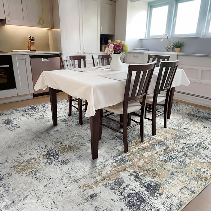 Washable Area Rugs for Living Room 8x10 - Large Neutral Modern Abstract Rug, Soft Low Pile Carpet with Non Slip Backing for Under Dining Room Table, Bedroom, Home, Office, Dorm - Green Yellow