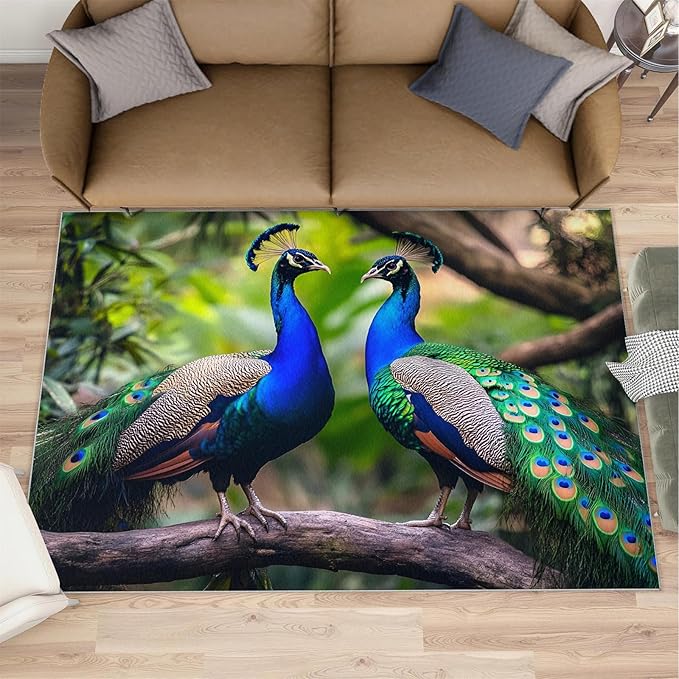 Peacock Rugs for Bedroom - 2x3 Rug, Peacock Couples Area Rugs for Living Room, Nature Carpet, Peafowl Washable Area Mat, Malachite Green Feather Carpet - Peafowl Home Decor & Gifts