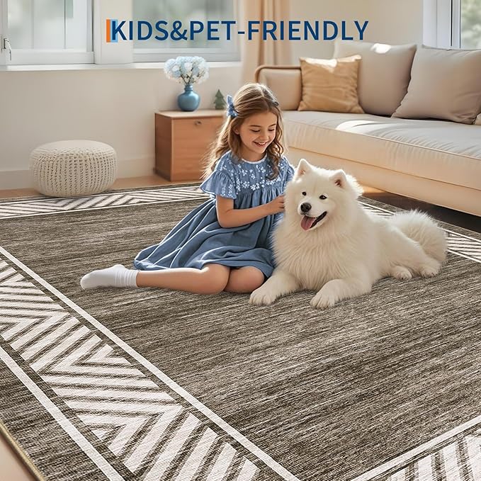 GarveeHome Modern Rugs for Living Room 8x10 Large Bordered Floor Mats with Non-Slip Backing, Stain-Resistant Bedroom Carpet, Foldable Geometric Indoor Rug for Dining Room, Kitchen, Brown