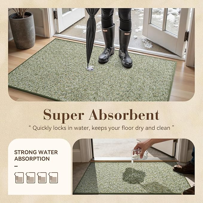 MontVoo Door Mat Indoor Entrance Doormat, Absorbent Durable Rubber Non Slip Front Door Mat for Inside Entry Entryway Dirt Trapper Welcome Mat, Green 17''x30''