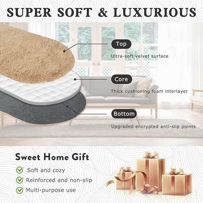 Soft Fluffy Area Rug for Bedroom, Beige Fuzzy Shaggy Oval Throw Rugs for Bedside, Non-Slip Cozy Plush Shag Carpet for Kids Room Nursery Dorm Living Room, 2.6 x 5.3 Feet