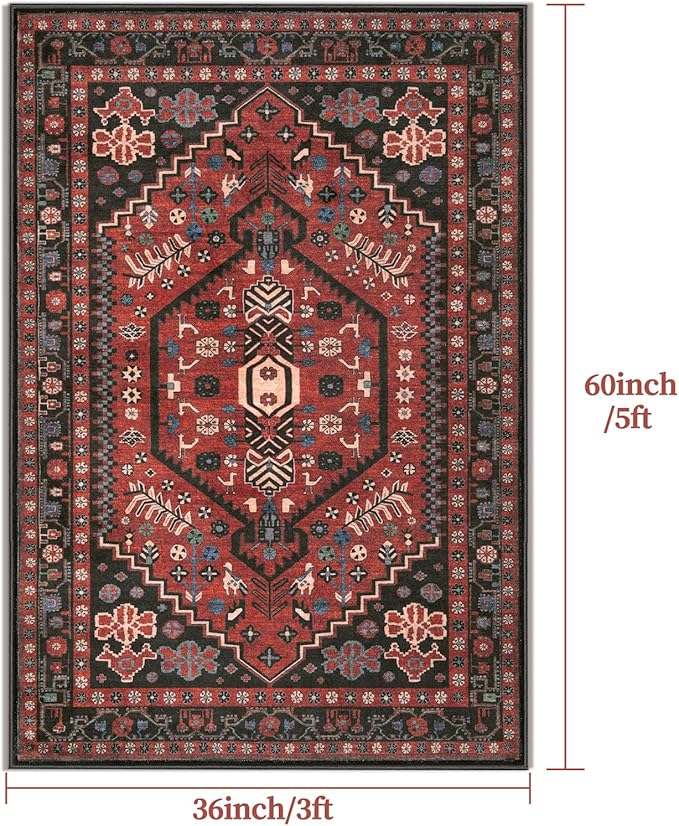 Ciicool 3x5 Area Rug, Washable Boho Rugs for Bedroom Non-Slip Indoor Low-Pile Mat Floor Oriental Carpet Vintage Rug for Kitchen Bedroom Living Room Office Dinning Foyer Decor