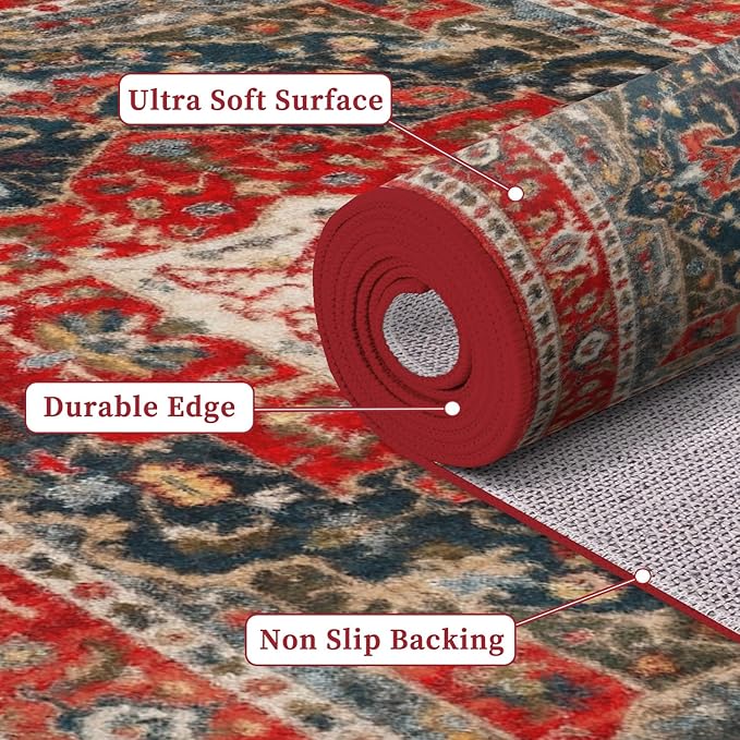 Enkor Area Soft Rugs 2x3 Washable Non Slip Boho Small Floor Entryway Rugs for Living Room Bedroom, Vintage Style Farmhouse Mat for Kitchen Red & Blue