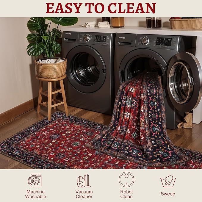 Tangsoo Floral Washable Runner Rug, 2x5 Rug Runners for Hallways Non Slip, Vintage Boho Runner Rug for Entryway Indoor, Blue Print Carpet Runner, Soft Low Pile Runner for Kitchen Bedroom Red