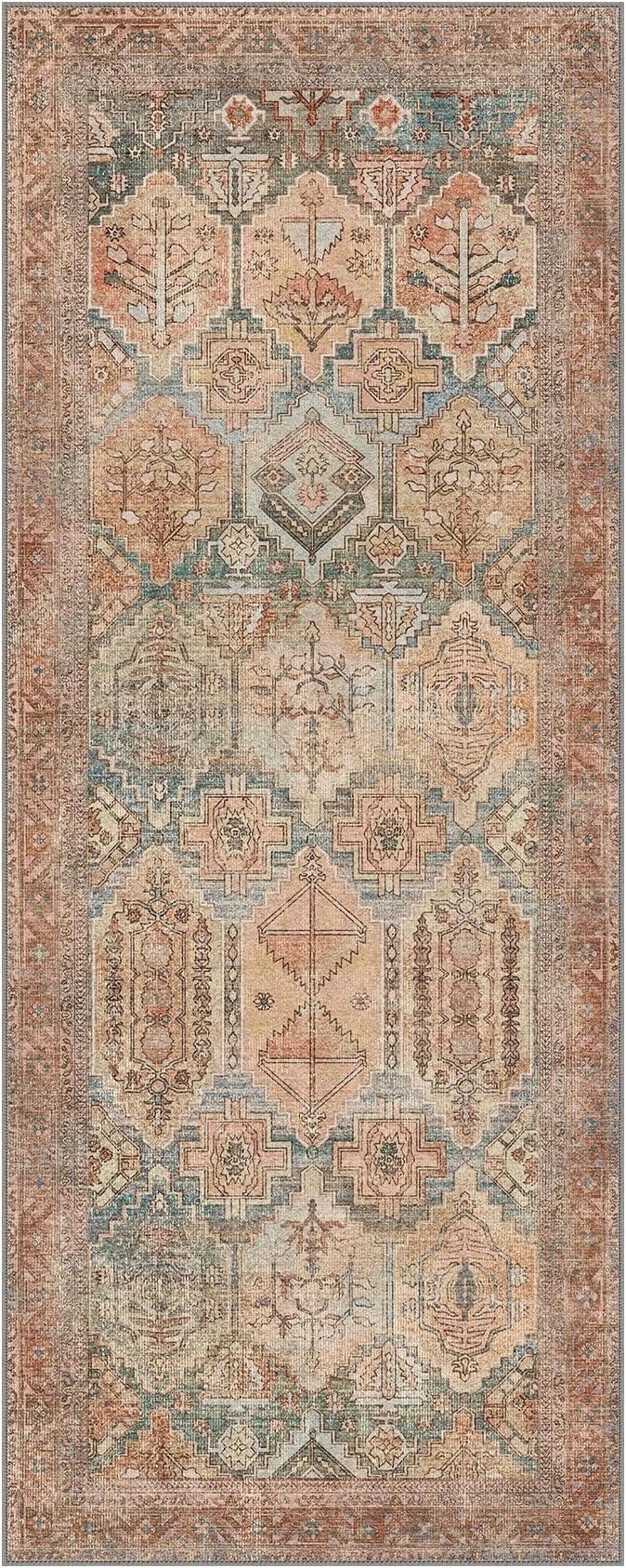 Bavni Kitchen Rug 2x8 Runner Rugs for Hallways Entryway, Washable Vintage Print Carpet, Ultra-Thin Chenille Low Pile Lightweight Rug with Non Slip Backing, Clay