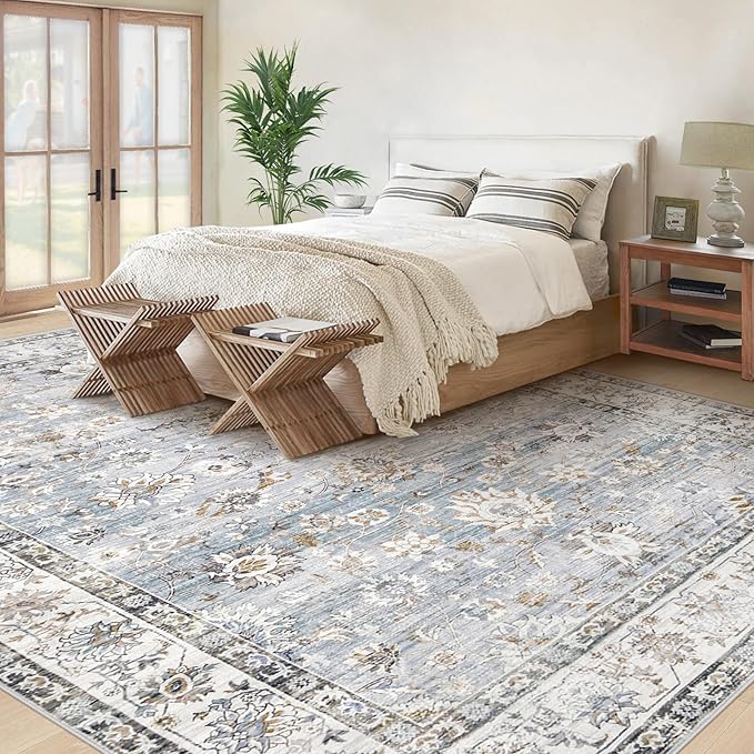 Area Rug 10x14 Living Room Rugs, Machine Washable Vintage Distressed Boho Area Rug Non-Slip Soft Low Pile Large Indoor Rugs for Bedroom Kitchen Dining Room Office(Light Blue,10'x14')