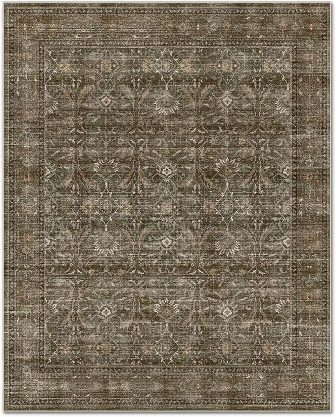 Washable 10x14 Area Rugs for Living Room, Boho Non-Slip Vintage Distress Large Rugs for Bedroom Dining Room Office, 0.3" Neutral Oriental Throw Thin Carpet, Rust/Multi
