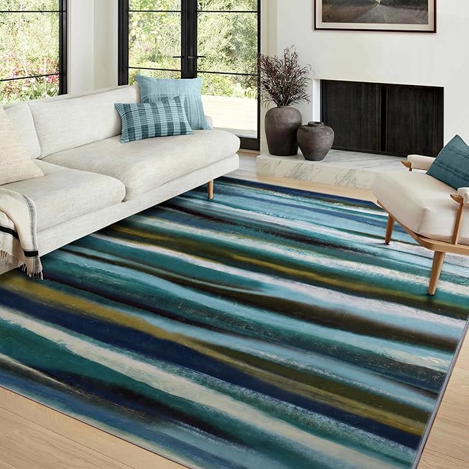 Abstract 3x5 Area Rug, Modern Stripe Teal Rugs for Entryway, Washable Soft Door Mat Non-Slip Floor Carpet for Dining Room Kitchen Bedroom - Teal/Multi