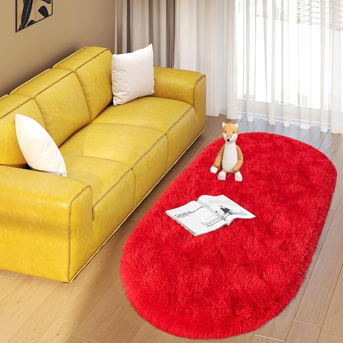 Soft Fluffy Area Rug for Bedroom, Red Fuzzy Shaggy Oval Throw Rugs for Bedside, Non-Slip Cozy Plush Shag Carpet for Kids Room Dorm Nursery Living Room, 2.6 x 5.3 Feet