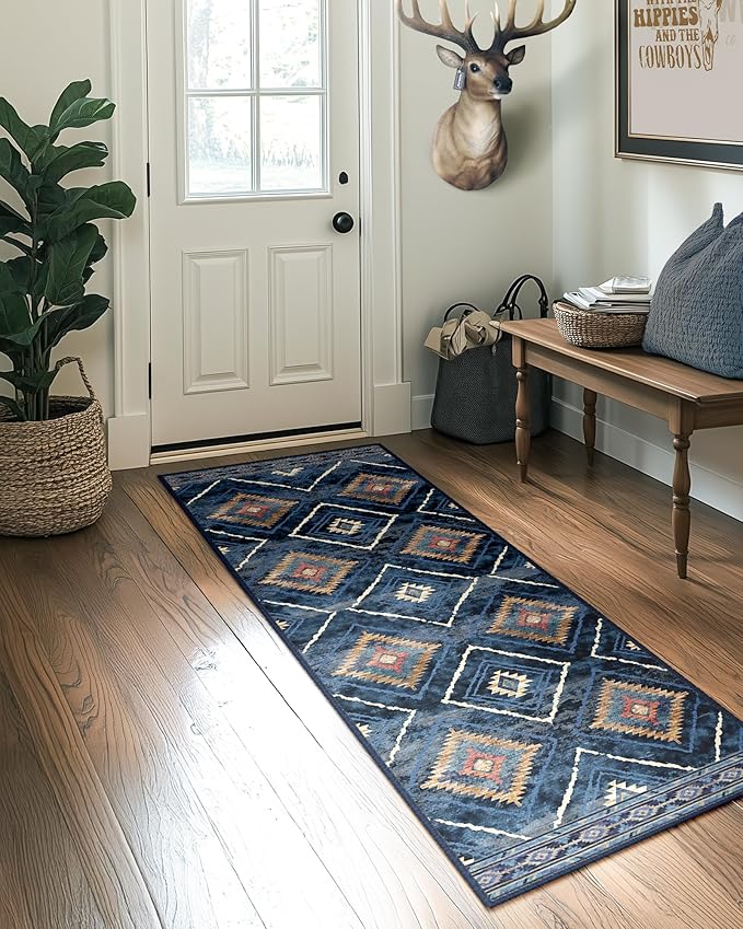 Area Rug 2x10 Rug Machine Washable Non-Slip Low Pile Print Pattern Western Rug for Living Room Bedroom Entryway Tribal Series -Darkblue