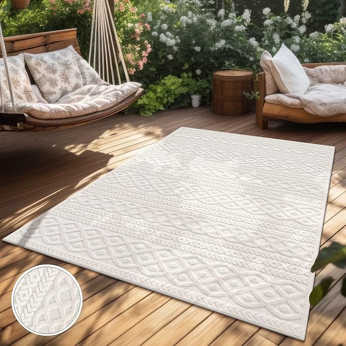 Paco Home Modern Area Rug with Carved Geometric Pattern in Cream Ivory, Size: 5'3" x 7'7"