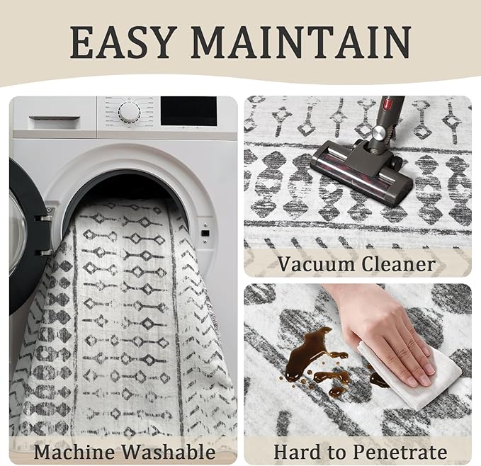 5x7 Machine Washable Area Rug for Living Room, Grey White Vintage Moroccan Rug Large Non-Slip Low Pile Soft Faux Wool Carpet, Kids and Pets Friendly for Bedroom Dining Room Farmhouse Home Decor Rug
