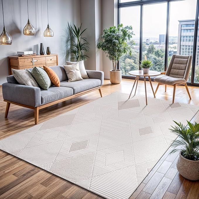 CAMILSON Micro Loop Rug 5x7 Modern Luxury Geometric Diamond Trellis Area Rugs Soft High and Low Pile Stain Resistant Easy-Cleaning Non-Shedding for Living Room Office Indoor Carpet (5 x 7 White-Beige)