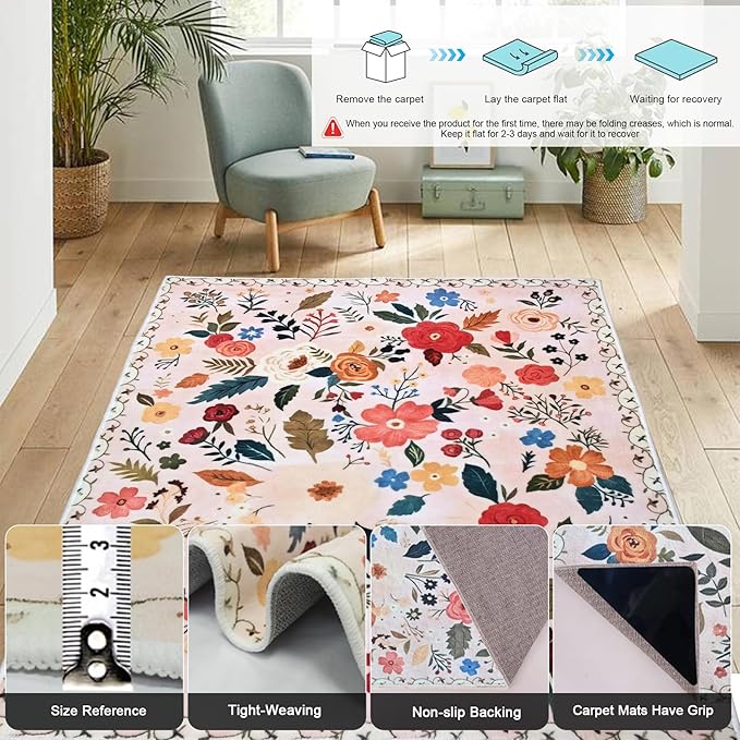 Floral Rug 4x6 Washable Low Pile Living Room Vintage Rug Soft Print Non-Slip Bedroom Carpet for Office Dining Room Home Decor（Pink）