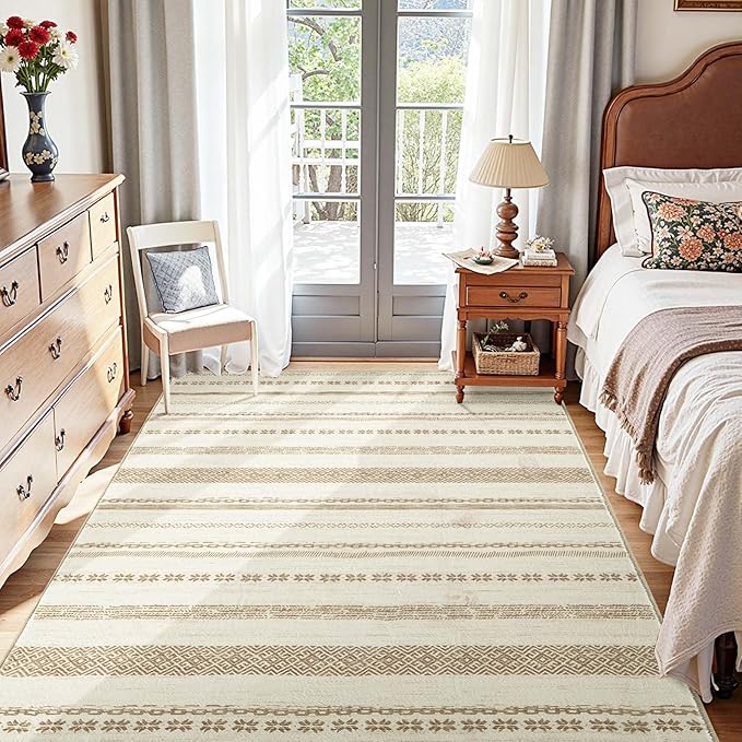 jinchan Boho 4x6 Area Rugs - Machine Washable Moroccan Soft Throw Rug Bohemian Ripple Design Non-Slip Neutral Carpet for Bedroom Entryway Living Room Kitchen Dining Room Home Office (4‘x6', Beige)