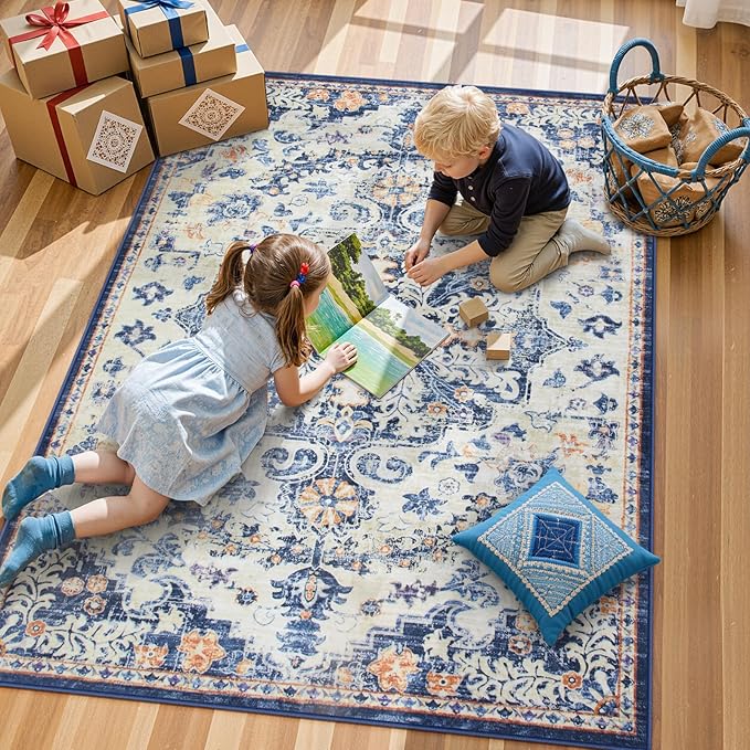 Lahome Large Area Rug 5x7 Washable Bohemian Rug for Bedroom Living Room, Medallion Non Slip Non Shedding Low Pile Printed Accent Indoor Floor Carpet for Dining Room Office Playroom, Blue Purple/Multi