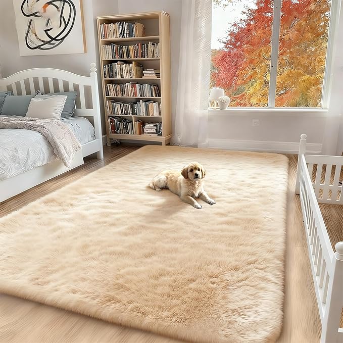 5x7 Solid Fluffy Camel Area Rug – Washable, Durable,Large Living Room Rug, Non-Slip High Pile Shag Rugs for Bedroom, Bedside, Dorms, Nursery Rooms, Kids Room, Soft Indoor Floor Carpet Decor