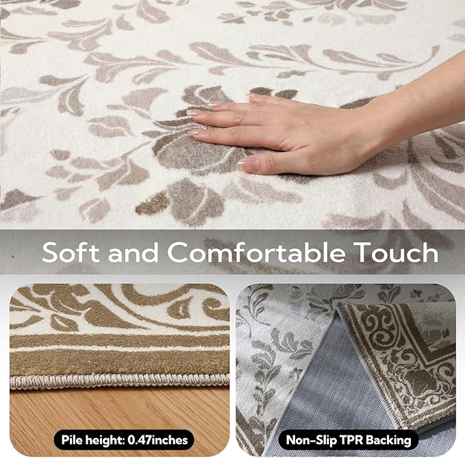 SOULFUL Medium Pile 8x10 Rugs for Living Room - Soft Underfoot Large Area Rug - Brown Boho Floral - Washable Non-Slip - Perfect for Bedroom Kids Room Under Dining Table Office