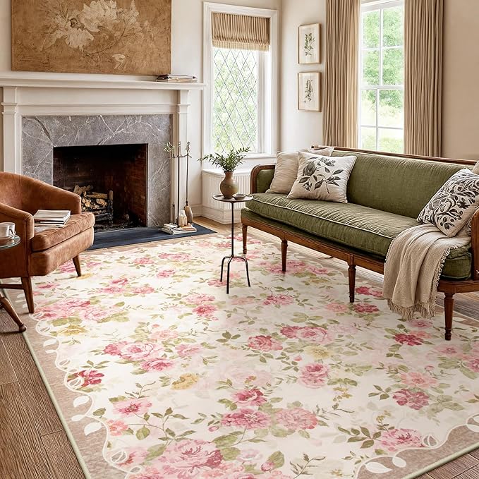 Lahome Washable Area Rug 6x9,Nursery Rug Girl Living Room Rug 6x9, Vintage Girls Rugs for Bedroom Ultra-Thin Non Slip Carpet for Playroom Dining Room Dorm (6'X9',Beige)