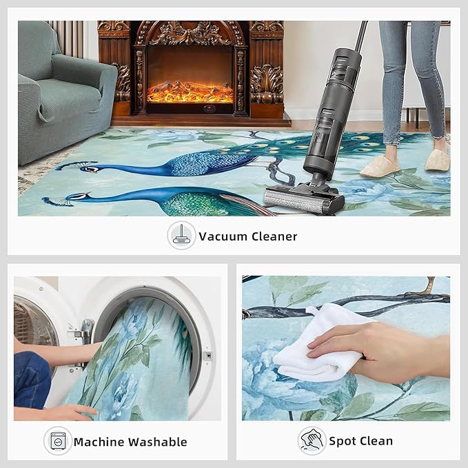 Peacock Rugs for Living Room - 3x4 Rug, Classic Peacock Floral Area Rugs for Bedroom, Teal Turquoise Rug, Modern Style Washable Carpet, Aesthetics Carpet - Peafowl Home Decor & Gifts