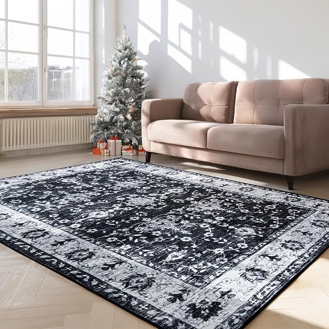 Area Rug 5x7, Washable Faux Wool Throw Rugs for Living Room, 0.3″ Non Slip Low Pile Vintage Boho Carpet for Ding Room, Home Office, Bedroom, Kids Room, Bedside (Black White)