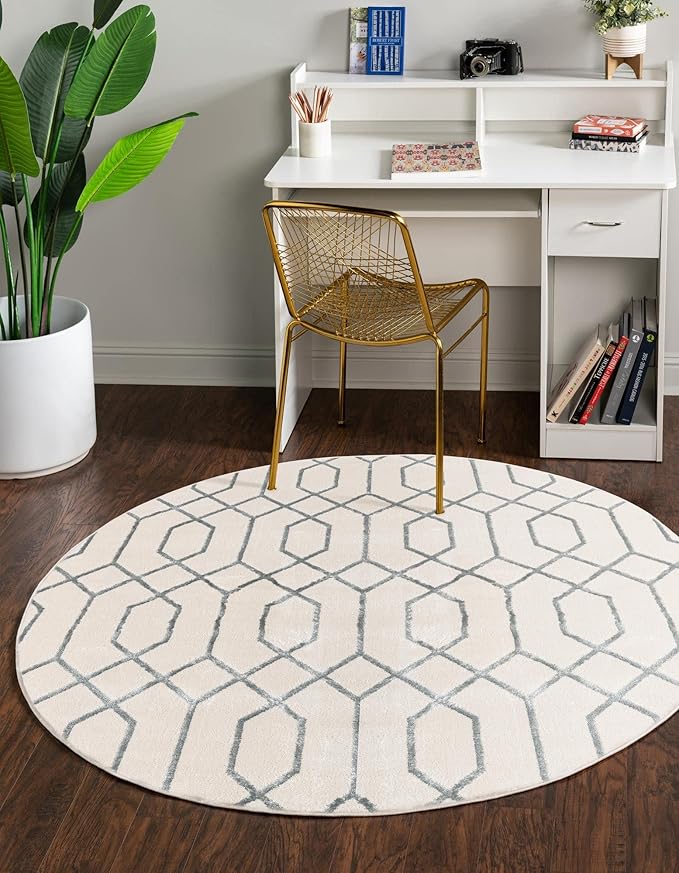Unique Loom Glam Collection Area Rug - Trellis (3' 3" Round, White Silver/ Silver)