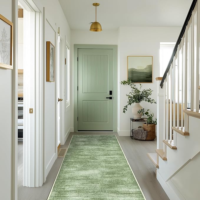 2x6 Runner Rug for Hallways Non Slip Washable Neutral Abstract Modern Olive Green Area Rug for Kitchen Laundry Room Dark Green Floor Covering Carpet 2 x 6