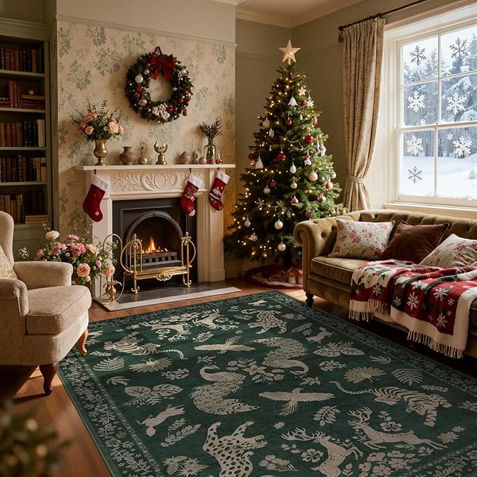 Moynesa Green 8x10 Area Rugs for Living Room, Washable Vintage Neutral Farmhouse Animal Area Rug for Bedroom Dining Room Office Study, Faux Wool Soft Non Slip Retro Carpets for Indoor