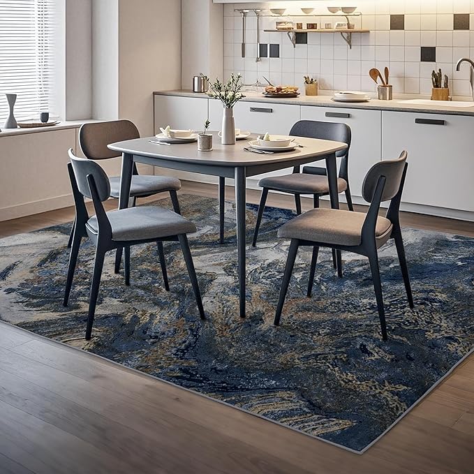 Modern Washable Rug for Living Room: Abstract 5x7 Area Rugs for Bedroom Low Pile Non Slip - Stain Resistant Carpet for Dining Room Indoor - Blue Gold