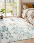 Washable Abstract Rug, 5x7 Ivory and Aqua Floral Area Rugs with Non-Slip Rubber Backed for Bedroom, Low Pile Modern Throw Carpet Kitchen Living Room Decor