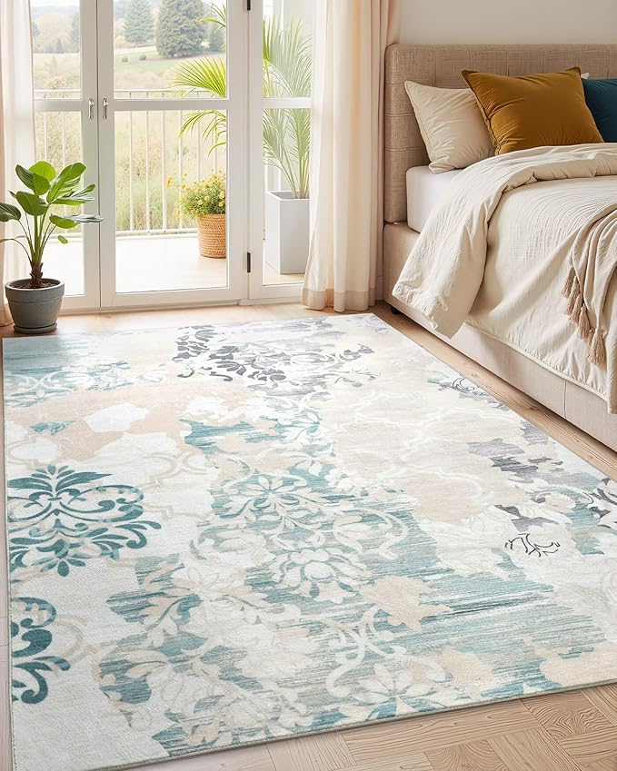 Washable Abstract Rug, 4x6 Ivory and Aqua Floral Area Rugs with Non-Slip Rubber Backed for Bedroom, Low Pile Modern Throw Carpet Kitchen Living Room Decor