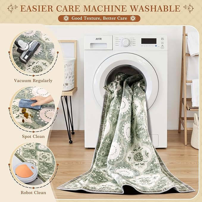 EnHomee Washable Area Rugs 4x6, Soft Area Rug for Living Room Bedroom, Boho Non Slip Low Pile Stain Resistant Washable Rug Large Carpet for Dining Room,Easy to Clean Living Room Rug, Green