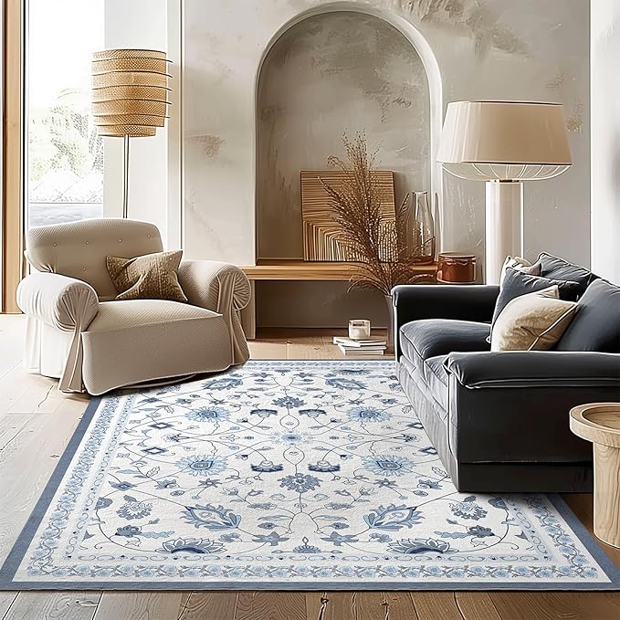EVERGRACE Area Rugs for Living Room 6x9, Boho Floral Faux Wool Indoor Outdoor Rugs, Washable Rugs for Bedroom Dining Room Entryway Kitchen, Low Pile Floor Mat Carpet for Home Decor, Porcelain Blue