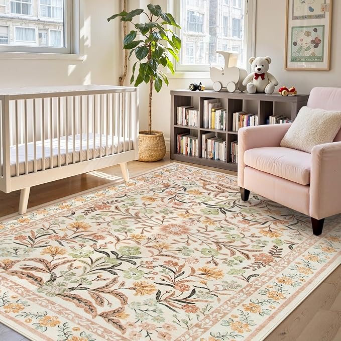 Lahome Fall Boho Washable Area Rugs 5x7 for Bedroom, Bohemian Brown Rugs for Living Room, Soft Floral Thin Carpet for Kids Room Apartment Dorm Home Decor, Ochre Fall