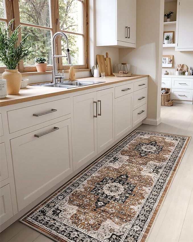 DEXI Hallway Runner Rug 3x12, Distressed Non Slip Runners Carpet, Boho Vintage Soft Thin Indoor Rug, Stain Resistant Washable Entry Mat for Entryway Kitchen Laundry Room Living Room, Brown