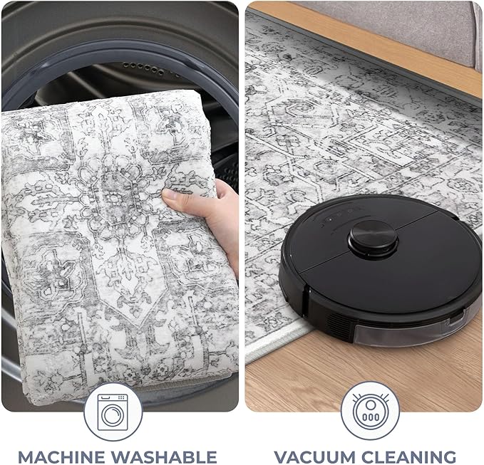 KOZYFLY Runners for Hallways 2x5 Ft Washable Kitchen Runner Rug Boho Runner Rug for Entryway Indoor Printed Oriental Faux Wool Floor Carpet Runner for Laundry Room Kitchen Hall, Gray