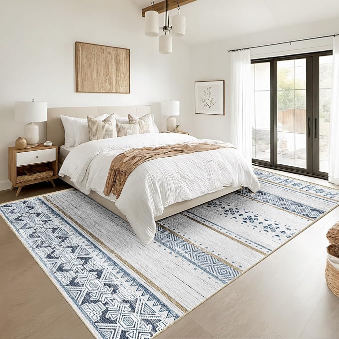 BESTSWEETIE 6x9 Area Rugs for Living Room Washable Moroccan Farmhouse Neutral Geometric Low Pile Non-Slip Soft Print Pattern Rug for Bedroom Kitchen Dining Room Entryway Blue/Brown