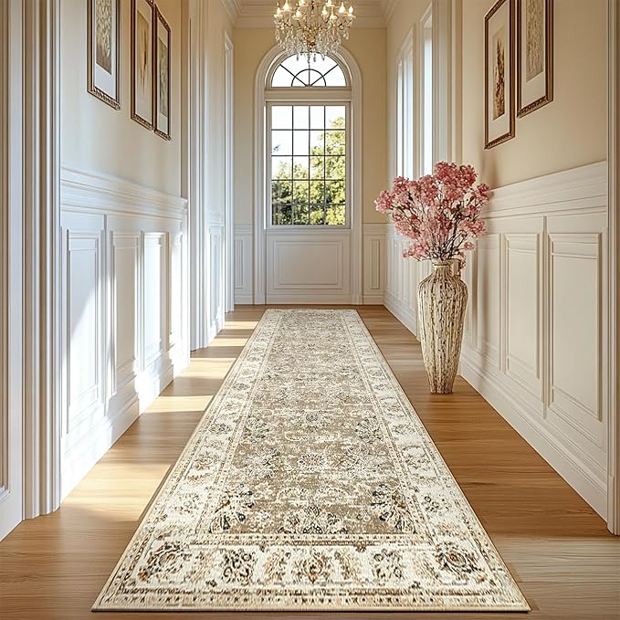 jinchan Fiora Long Hallway Runner Rug 2x12 Machine Washable Runner Rug Taupe Vintage Floral Design Non-Slip Ultra-Thin for Kitchen Laundry Room Bedroom Farmhouse (2‘x12', Taupe)