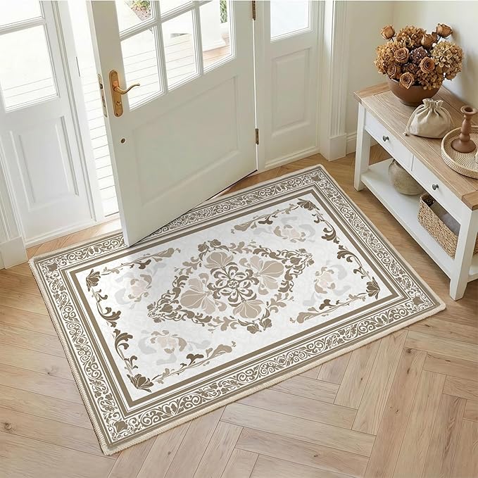 SOULFUL Medium Pile 3x5 Area Rug - Soft Foot Feel Small Entryway Rug - Brown Boho Floral - Washable Non-Slip - Perfect for Living Room Bedroom Foot Kids Room Reading Nook