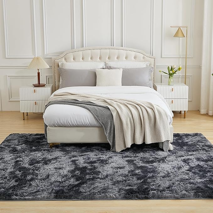 Andency 6x9 Area Rugs, Large Shag Fluffy Soft Shaggy Rugs for Living Room Bedroom, Non-Slip Tie-Dyed Dark Grey Thick Plush Carpet for Kids Girls and Boys, Dorm Nursery Home Decor Aesthetic
