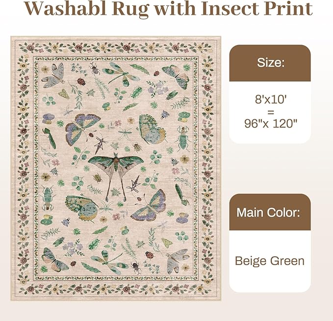 8x10 Area Rugs with Insect Print - Bug Rug Non-Shedding Stain Resistant Soft Carpet for Bedroom, Low Pile Ultra-Thin Machine Washable Carpet for Dining Room, Kids Nursery, Office (8'x10' Beige)