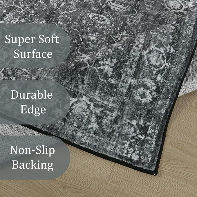 Morebes Washable Black 5x7 Area Rugs for Bedroom Non-Slip, Vintage Floral Rugs for Living Room, Soft Distressed Indoor Floor Retro Boho Throw Carpet for Dorm Playroom Home Office Foyer