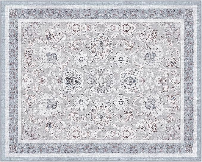 Phantoscope Washable Area Rug 8'x10' Non-Slip, Vintage Neutral Rugs for Living Room, Bedroom, Dining Room, Distressed Boho Floral Medallion Pattern, Low-Pile Foldable Floor Carpet, Light Grey/Neutral