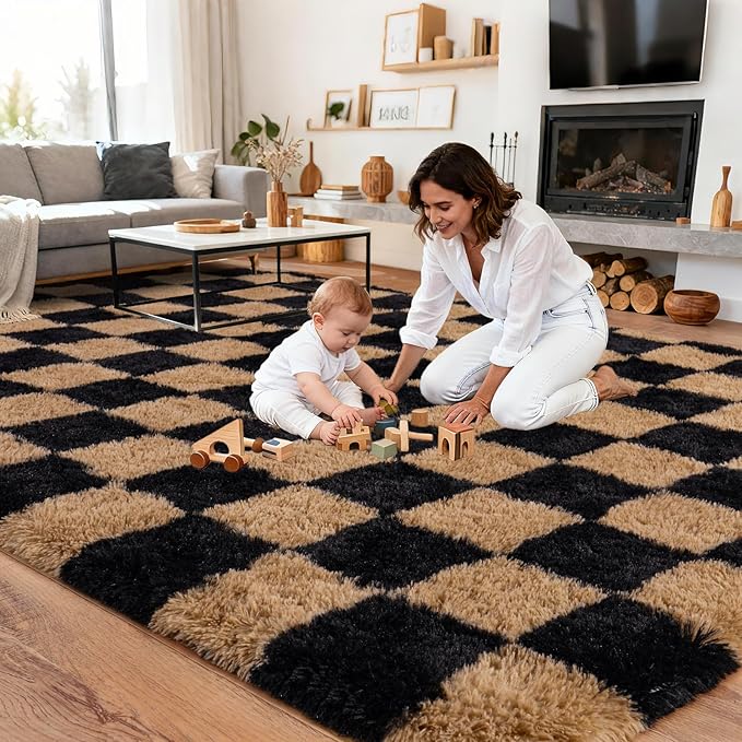 Upgrade Non-Slip Plush Rugs for Living Room, Soft Shaggy Carpets for Living Room, Fuzzy Rugs for Kids' Room, Perfect Decor for Modern Home Grid 6x9Feet