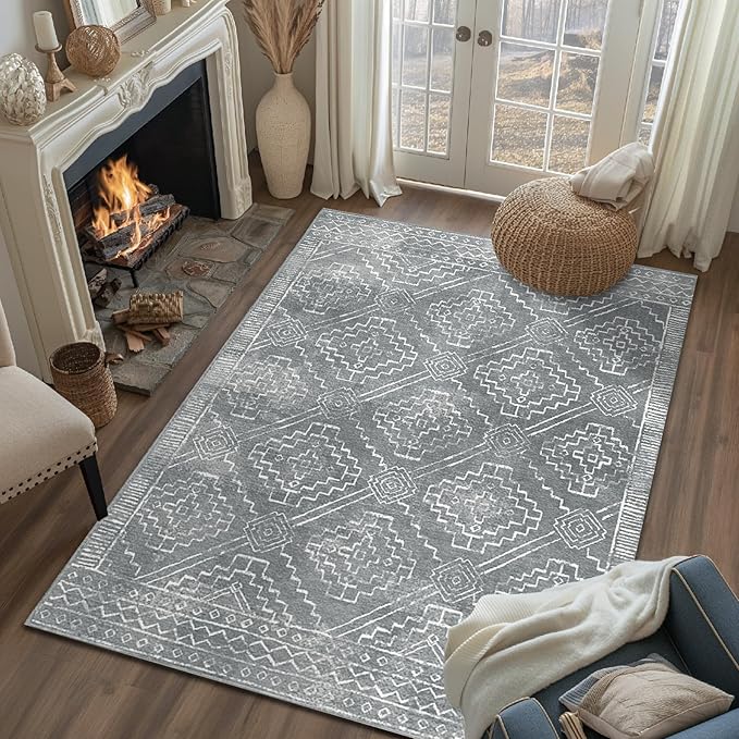 jinchan 3x5 Area Rugs for Entryway - Machine Washable Modern Rug Kitchen Soft Faux Wool Stain Resistant Non-Slip Ultra-Thin Low-Pile Geometric Carpet for Entrance Bedroom Living Room(3x5ft, Dark Grey)