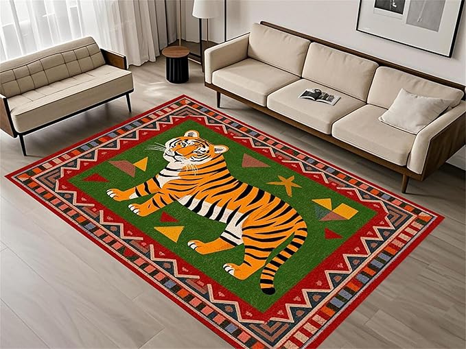 Colorful Tiger Pattern Area Rug, 3x4ft,Stylish Geometric Border Tiger Rug, Add Unique Charm To Your Home,Cute Animal Print Pattern Rugs Suitable for Children's Room Living Room Bedroom Farmhouse