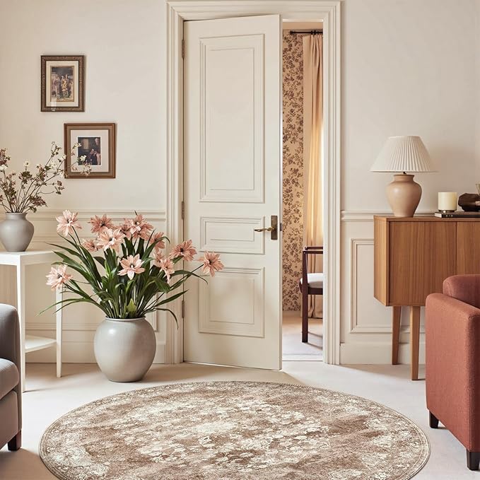 jinchan Round Rug 6ft Area Rug - Brown Vintage Floor Mat Kitchen Indoor - Washable Circle 6' Thin Floral Print Carpet Retro Farmhouse Non Slip Dining Room Living Room Bedroom Office