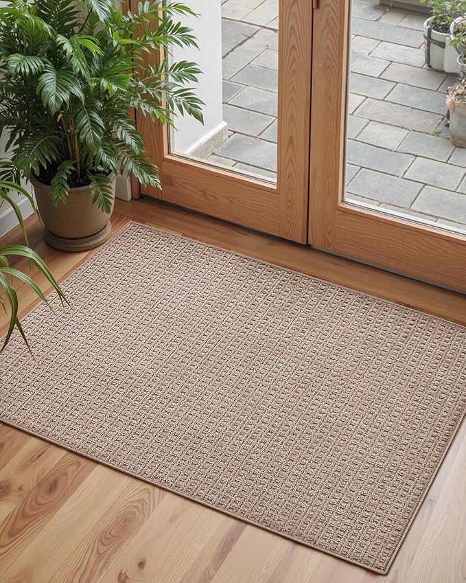 Color&Geometry Front Door Mat Indoor Non Slip Rubber Backing, 24"x36" Ultra Thin Entryway Doormat, Soft Absorbent Inside Doormat Washable Easy Clean Rugs for Entryway, Beige (Rolled-up NO Creases)